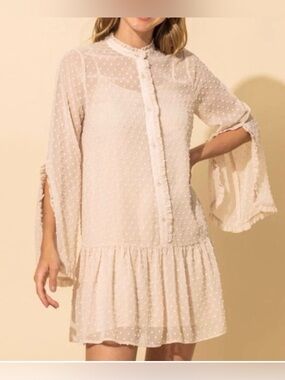 NWT Hyfve Cream Swiss Dot Ruffle Chiffon Mini Dress Boho S
